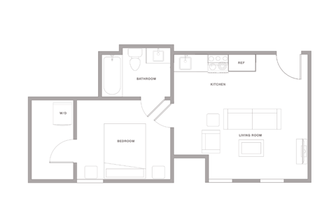 Floor plan for 1 bed, 1 bath, 509 sqft